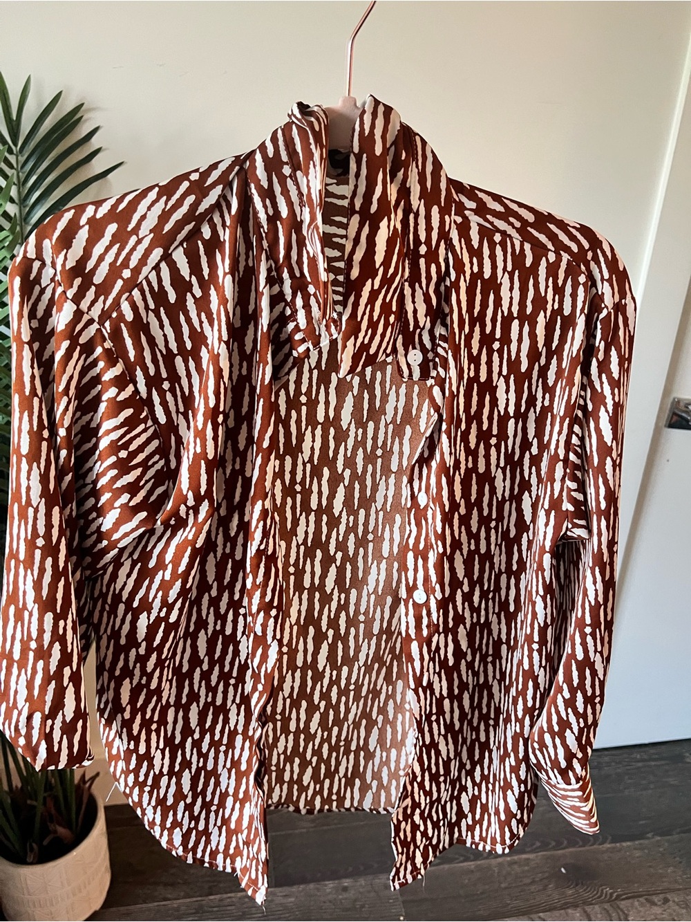 Brown and White Printed Button-Up Top